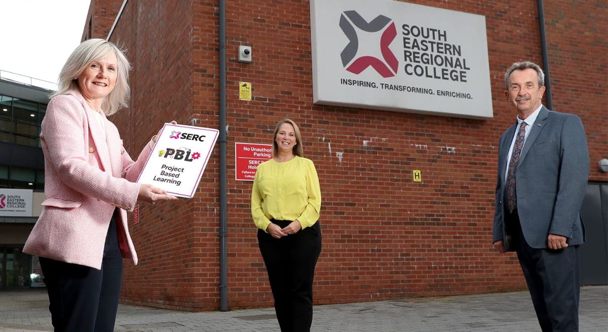 SERC's Heather McKee, Paula Philpott and Dr Michael Malone pictured outside SERC with tablet promoting PBL